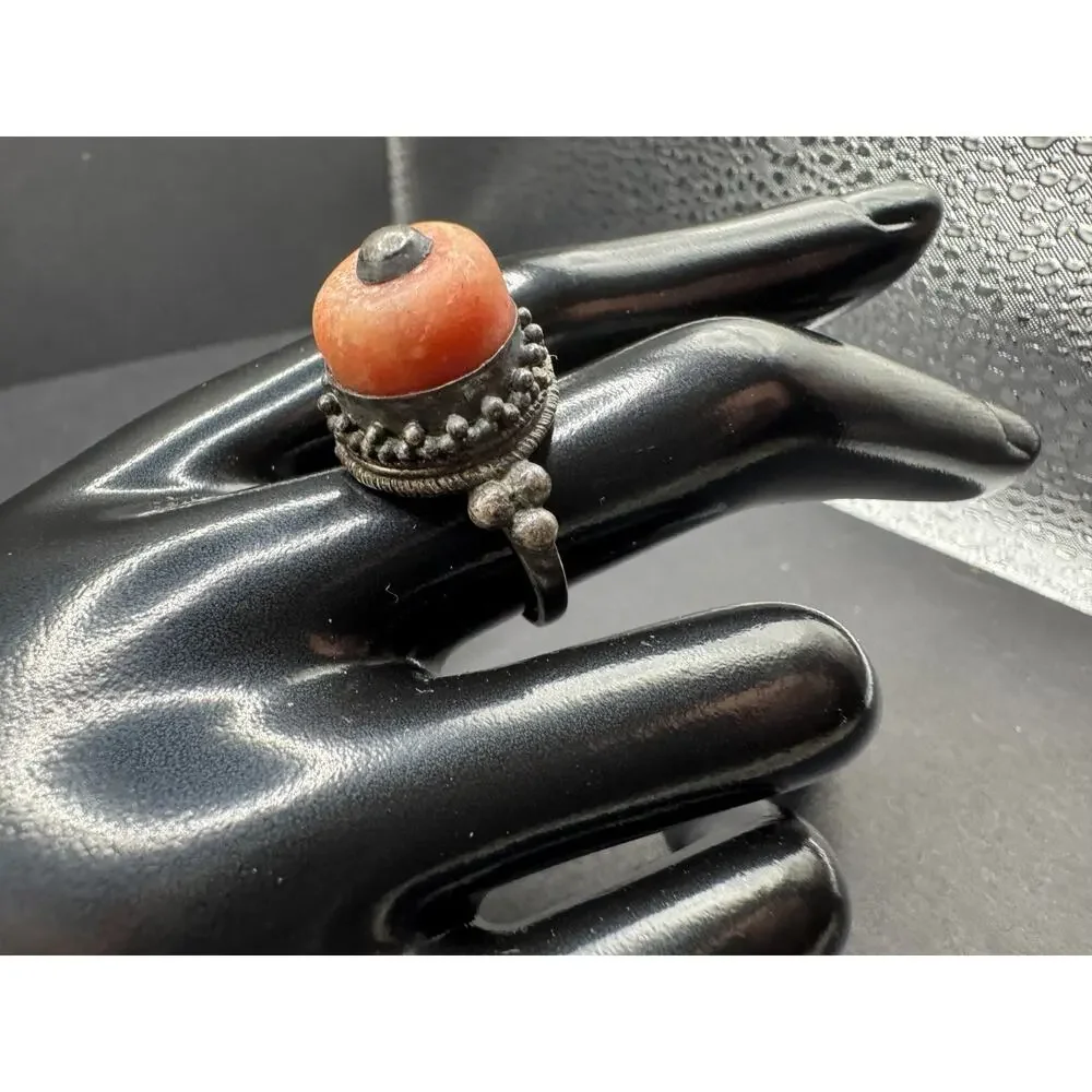 Vintage Bawsani Yemen Tribal Silver Tone Red Coral 12.5mm Statement Ring Sz 7.75